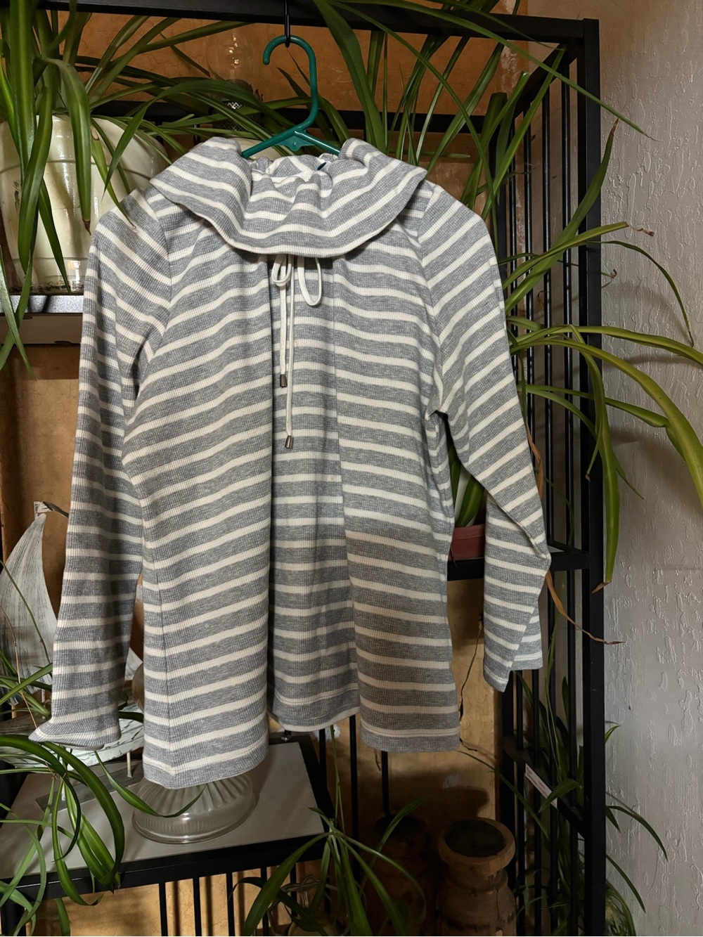 Striped Cowl Neck Sweater - Gray & Cream
